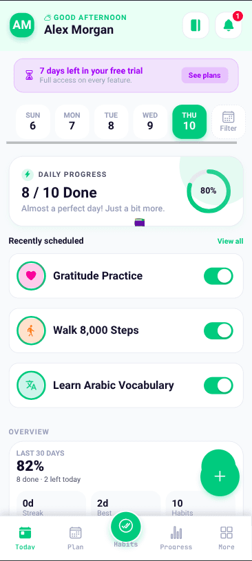 Ember home dashboard showing today's progress and active habit overview.