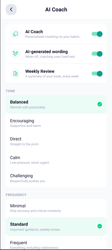 Reminders and coaching preferences screen showing notification frequency controls.