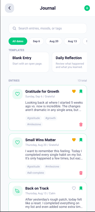 Journal screen with reflection entries, search, templates, and mood tags.