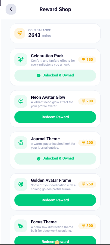 Reward Shop screen showing coin balance, unlocked themes, and redeemable rewards.